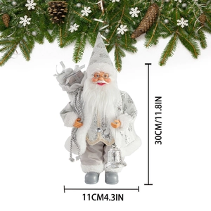 Detailansicht der silbernen 30 cm Weihnachtsmann Figur mit Maßen und Geschenksack