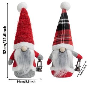 Detailed dimensions of Christmas gnome dolls with knit hats and lanterns 32x14cm
