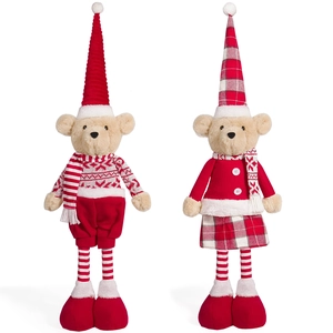 Christmas plush teddy bear couple in Nordic red outfits and striped long legs