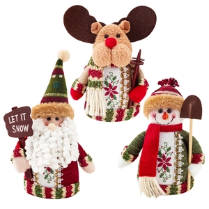 Three Christmas plush toys featuring Santa, reindeer, and snowman with Let It Snow sign
