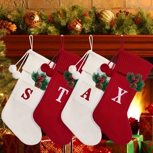 Personalized Alphabet Knitted Christmas Stockings With Pom Poms Red White Letter Snowflake Xmas Stockings For Holiday Decor