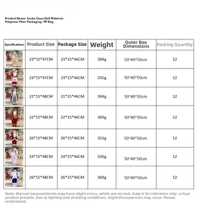 Size chart for 18-inch Santa Claus figurines with detailed dimensions and weights