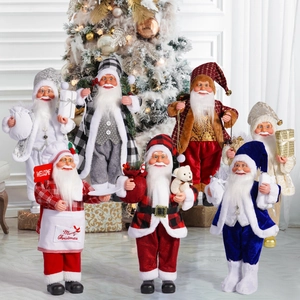 Detailed collection of assorted 18-inch Santa Claus figurines in festive textile outfits
