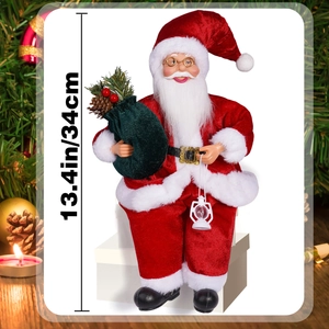 Detailed view of a 12-inch sitting Santa Claus doll with golden glasses and a lantern
