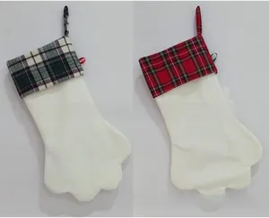Detailed plush Christmas stockings with cat paw shape and classic plaid fabric trim