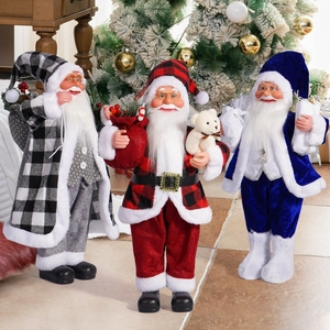 Three 18-inch Santa Claus figurines in red, blue, and plaid coats for Christmas decor