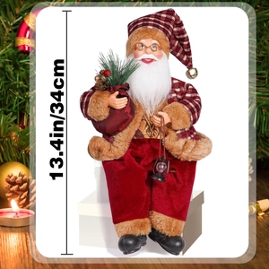 12-inch sitting Santa doll ornament with height dimension 34cm and festive pine bag detail