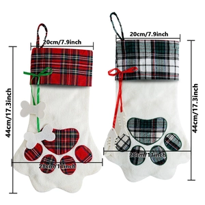 Size dimensions for plaid pet Christmas stockings with bone and fishbone charms