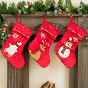 Red Velvet Christmas Stockings Large Xmas Fireplace Hanging Socks Deer Snowman Bear Character Holiday Home Decoration Gift Bags