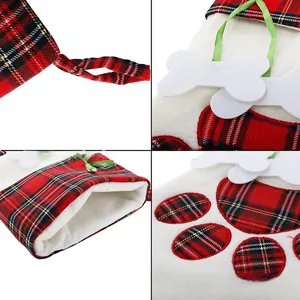 Detailed views of Christmas pet stocking featuring red plaid paw prints and bone decor