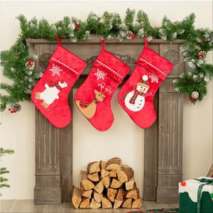 Three-piece set of red velvet Christmas stockings with polar bear, elk, and snowman embroidery