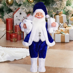 Detail of 18-inch Santa Claus figurine in blue velvet suit with white faux fur trim