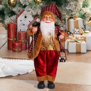 Detailed close-up of 18-inch standing Santa Claus doll with red plaid coat and lamp