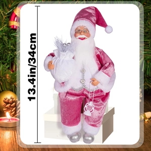 Pink velvet Santa Claus figurine height measurement showing 13.4 inches or 34 cm