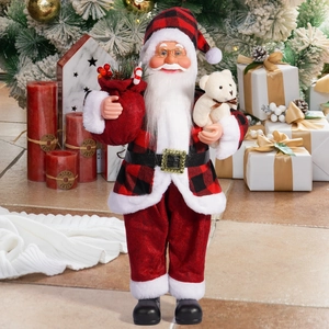 Detailed view of 18-inch Santa Claus figurine holding a teddy bear and burlap gift bag