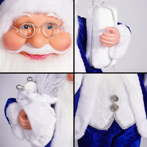 Detail view of 18-inch blue Santa Claus with velvet fabric, silver buttons and gift box