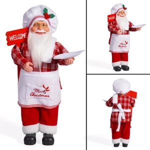 Multi-angle view of a chef Santa Claus figurine holding a Welcome sign and tray