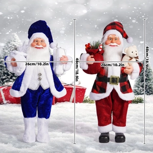 Dual 18-inch Santa Claus figurines in blue velvet and red plaid fabric standing in snow