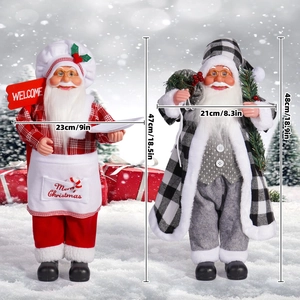 Detail of 18-inch Santa Claus figures in chef and plaid coat styles with snowy background