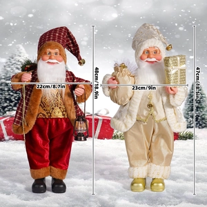 Detailed size chart showing 18-inch Santa Claus dolls in red plaid and gold white outfits