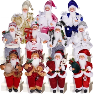 Collection of 12-inch sitting Santa Claus dolls in various colorful holiday outfits