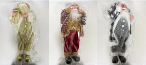 Detailed trio of 18-inch Santa Claus dolls in red, green, and checkered fabric outfits