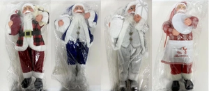 Set of four 18-inch Santa Claus figurines in red, blue, and silver festive outfits