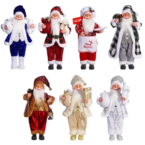 Set of seven 18-inch Santa Claus figurines in various colorful velvet outfits