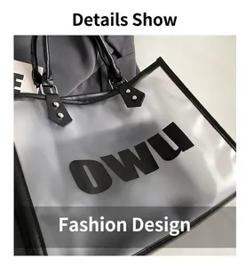 Detalle del bolso tote de PVC translúcido con estampado OWU y detalles de remaches plateados