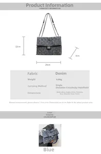 Detail specifications of denim quilted chain bag with 28x22x8cm dimensions and metal lock