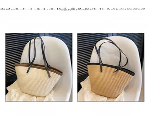 Detail view of woven tote bags in beige and khaki with black shoulder straps and knot details