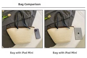 Size comparison of the woven tote bag with iPhone 14 Pro Max and iPad mini
