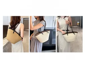 Three-way view of woven tote bag showing shoulder and crossbody styling options