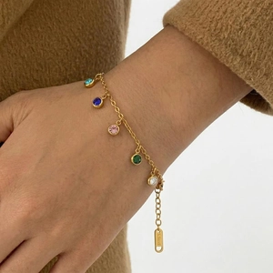 Stainless Steel Bracelet With Colorful Round Zircon Pendant 18K Gold Plated Multi Color Gemstone Charm For Women