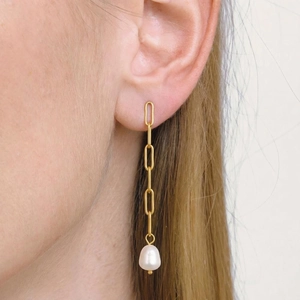 Elegant Freshwater Pearl Paperclip Chain Drop Earrings 18K Gold Plated Stainless Steel Hypoallergenic Jewelry For Women