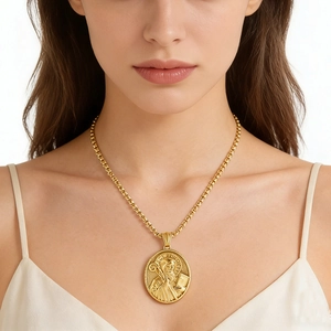 St Benedict Medal Pendant Necklace 18K Gold Plated Stainless Steel 3D Relief Religious Oval Jewelry For Men Women Vintage