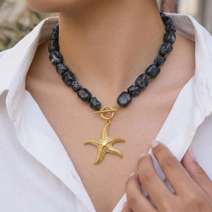 Irregular Marbled Acrylic Beaded Necklace And Bracelet Jewelry Set With Stainless Steel Starfish Pendant For Women