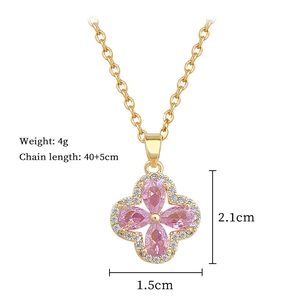 Detail view of pink crystal flower pendant necklace with size and weight measurements