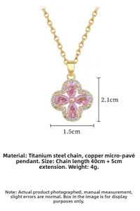 Detailed view of pink zircon four-leaf clover pendant necklace with size dimensions