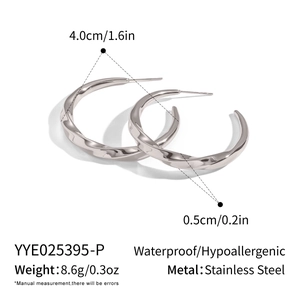 Detailed dimensions of polished stainless steel twisted C-shape hoop earrings in silver