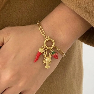 Women Enamel Strawberry Chili Lobster Charms Bracelet Gold Plated Stainless Steel Paperclip Chain OT Buckle Trendy Jewelry