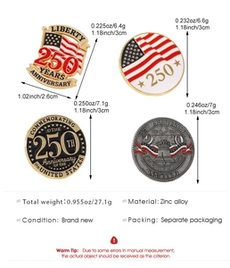 Detail of four zinc alloy 250th anniversary badges with size and weight measurements