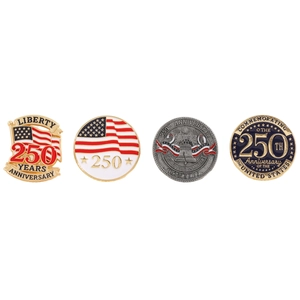 Detailed view of four different USA 250th anniversary commemorative pins and coins set