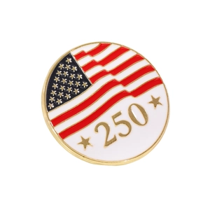 Detail view of a circular gold-edged US flag 250th anniversary commemorative enamel pin