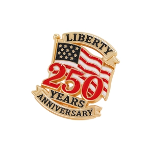 Detailed view of the 250th anniversary American flag lapel pin with gold trim finish.