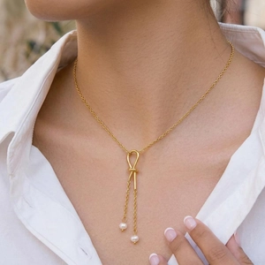 Knot Tassel Pendant Necklace 18K Gold Plated 304 Stainless Steel Freshwater Pearl Waterproof Hypoallergenic Women Jewelry