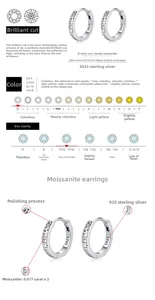 Detail view of S925 silver moissanite hoop earrings with D color and VVS1 clarity chart