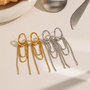 Elegant French retro geometric tassel drop earrings available in gold and silver