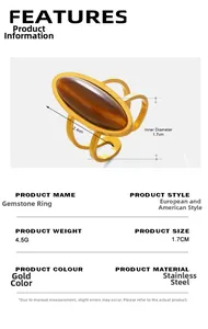 Detailed size chart for gold stainless steel tiger eye ring with geometric triple band