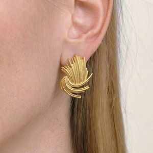 Stainless Steel Firework Texture Stud Earrings 18K Gold Plated Fan Shaped Retro Vintage Hypoallergenic Jewelry For Women
